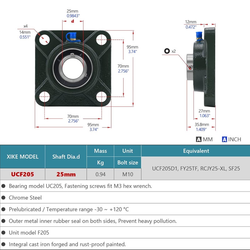 Xike 2 Pcs UCF205 Bore 25 mm Pillow Block Square Flange Mounted Ball Bearings, Solid Cast Iron Base and Self Aligning Chrome Steel Sealed Bearings. - Image 2